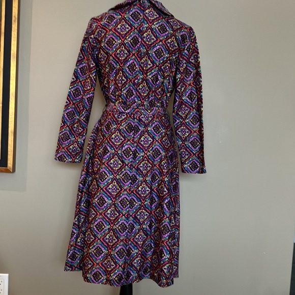 🦩Vintage purple navy yellow blue orange white teal patterned dress w/collar - Picture 6 of 12